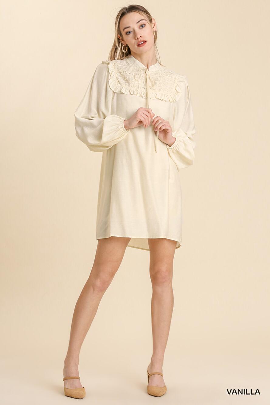 Umgee Mini Dress Size L Vanilla‎ Cream Long Sleeve Smocked Ruffle Yoke Tie Front